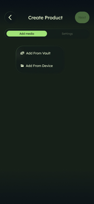 Create Product screen: add media from your vault or device