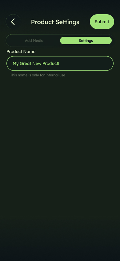 Product Settings screen: name your product