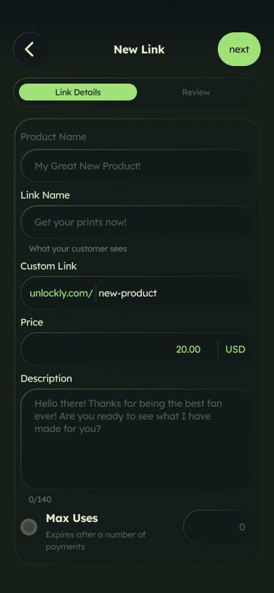 New Link screen: set a custom link, price and description