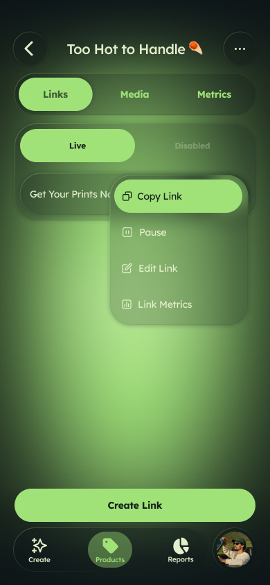 Live product screen: copy, pause, or edit your link