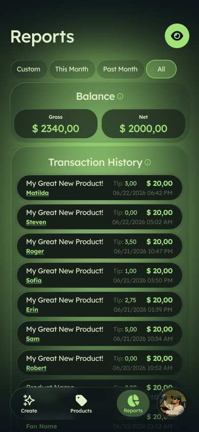 Reports screen: balance and transaction history